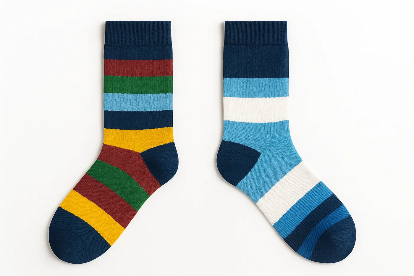 Two flat-laid socks with colourful horizontal stripes